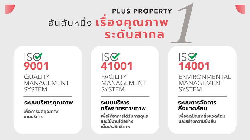 พลัส พร็อพเพอร์ตี้ ขึ้นแท่นอันดับ 1 ด้านคุณภาพการบริหารจัดการระดับสากล กวาด ISO มากที่สุด ครบ 3 มาตรฐานครอบคลุมทุกมิติ เป็นเจ้าแรกในประเทศไทย